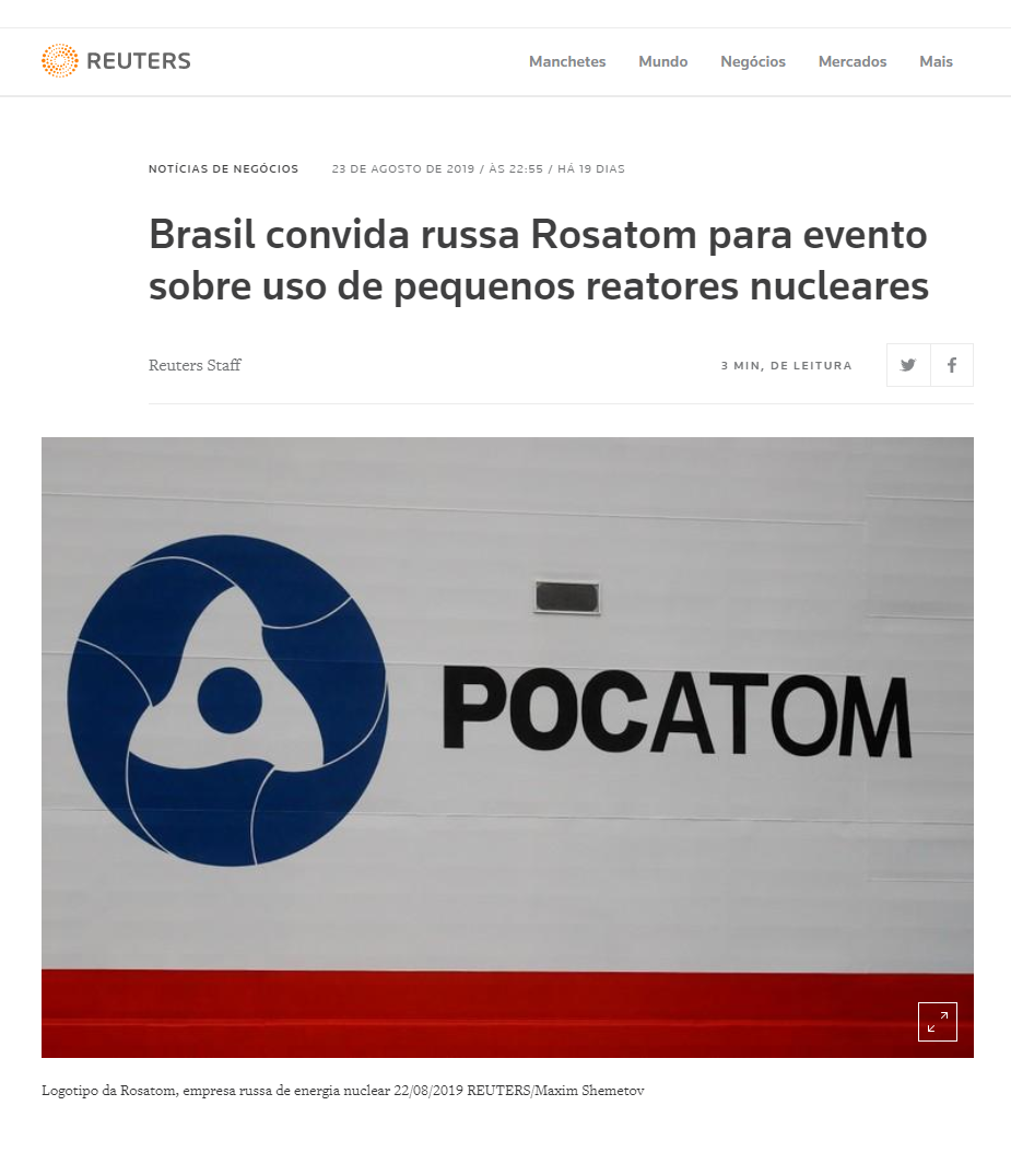 Brasil convida russa Rosatom para evento sobre uso de pequenos reatores nucleares